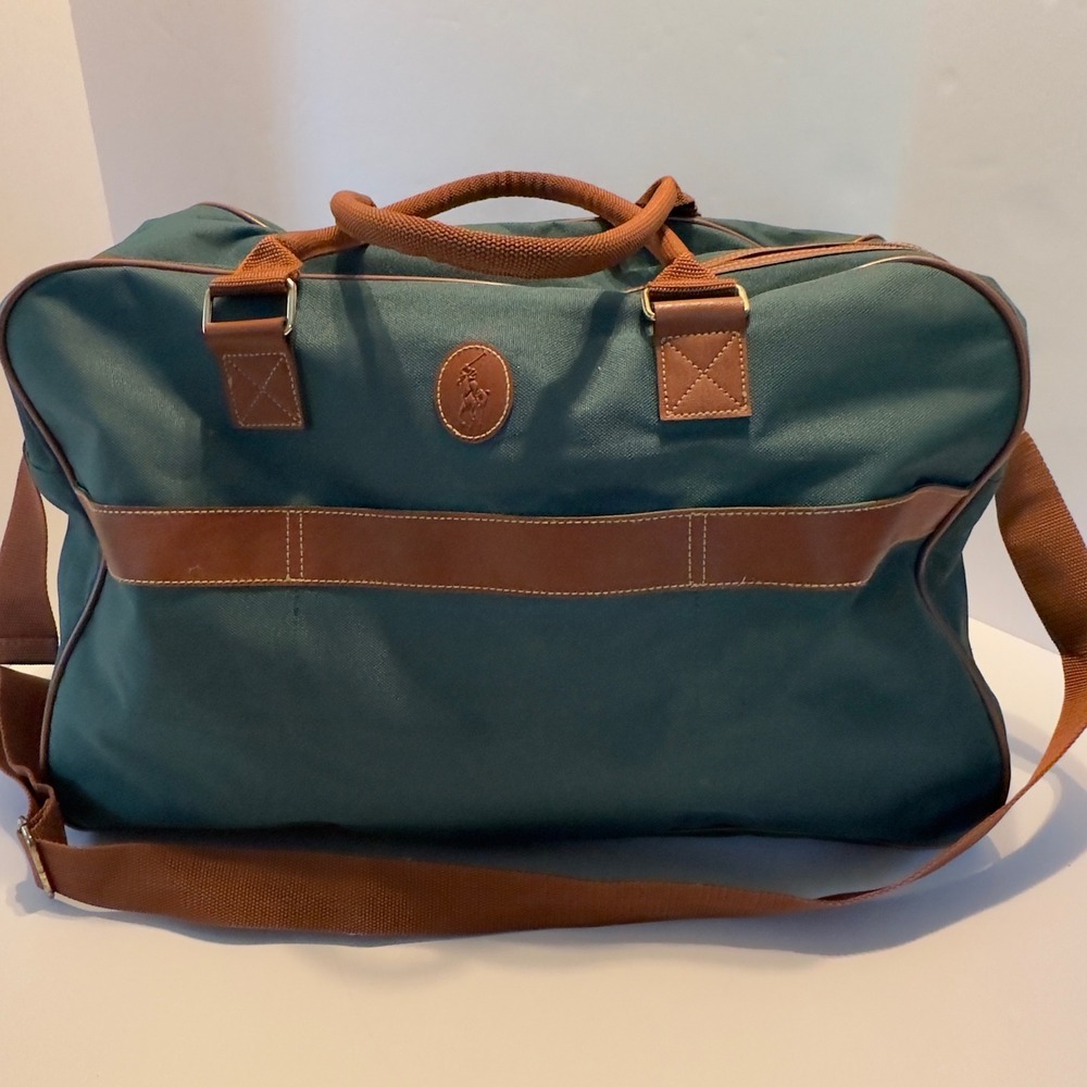 Polo Ralph Lauren Duffle Bag Green Canvas Leather Trim Vintage Large Travel Bag